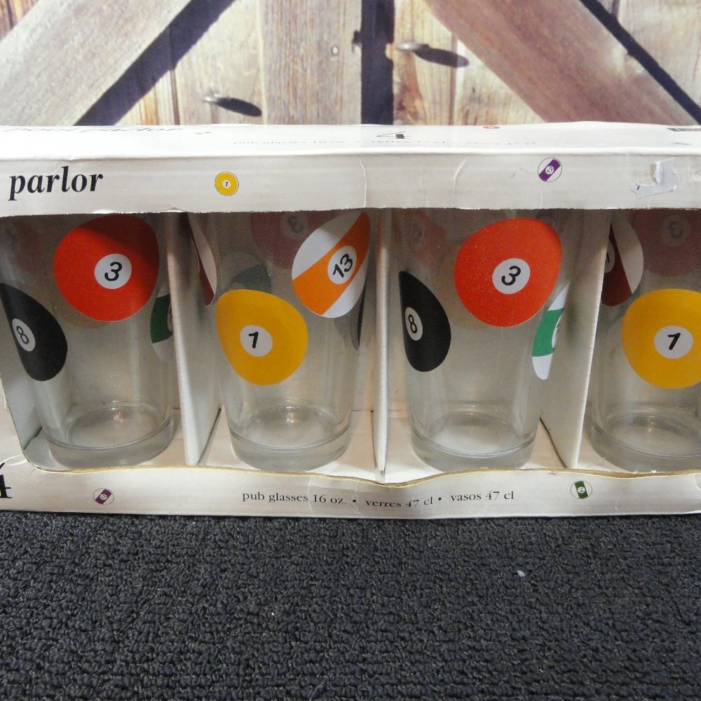 VTG Luminarc Billiard Ball Pool Parlor 16oz Pup Glasses~NOS~Man Cave~Pool bar